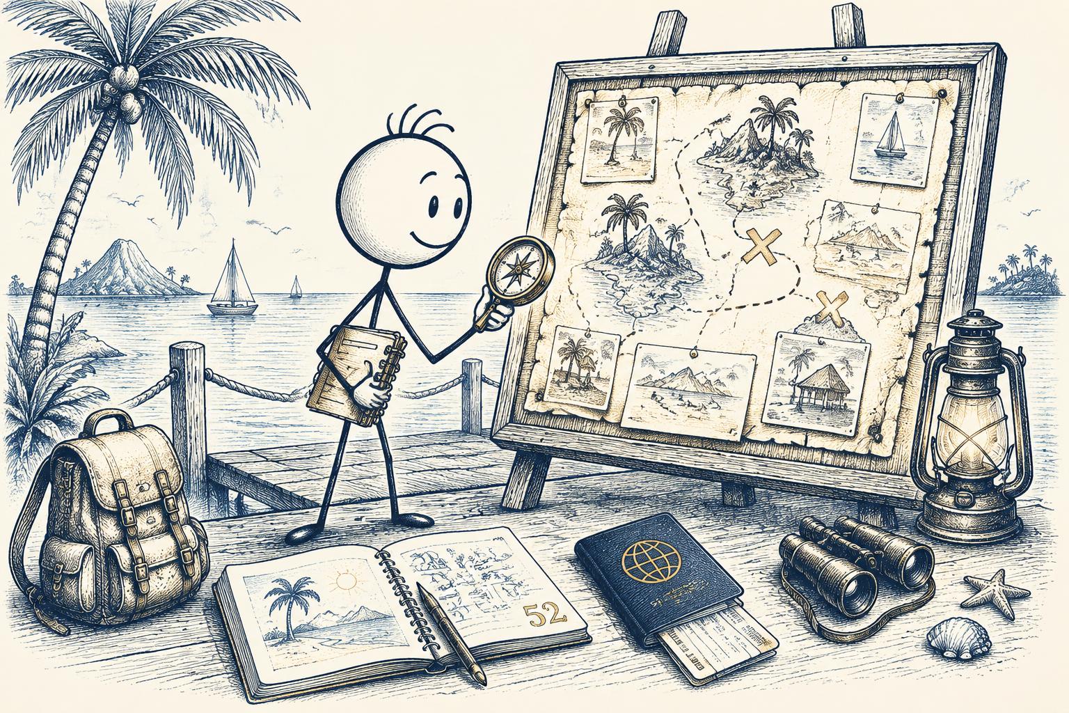 Stick figure explorer discovering travel tips