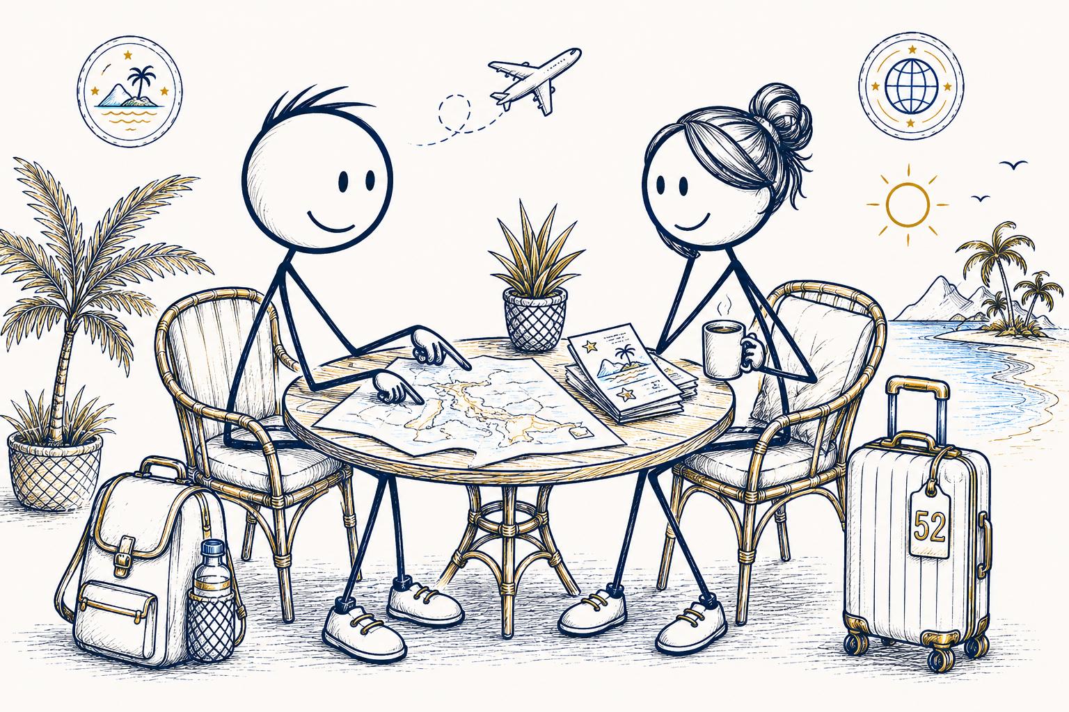 Stick figures planning travel together