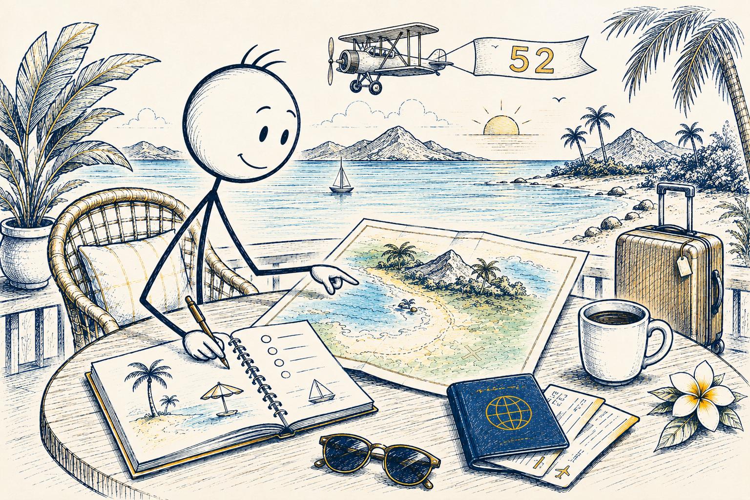 Stick figure planning a tropical vacation