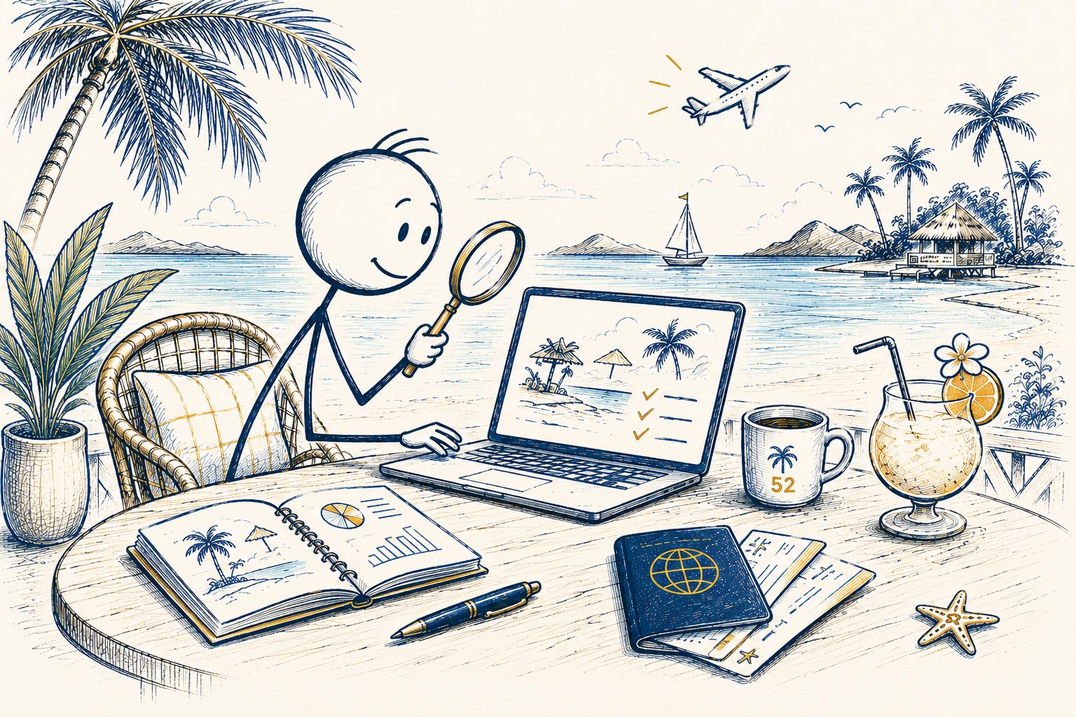 Stick figure reviewing tropical travel plans