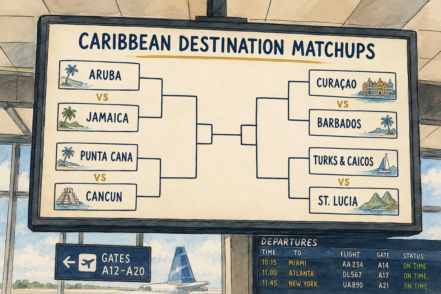 Illustrated Caribbean Destination Matchups airport board comparing Aruba, Jamaica, Punta Cana, Cancun, Curaçao, Barbados, Turks and Caicos, and St. Lucia.