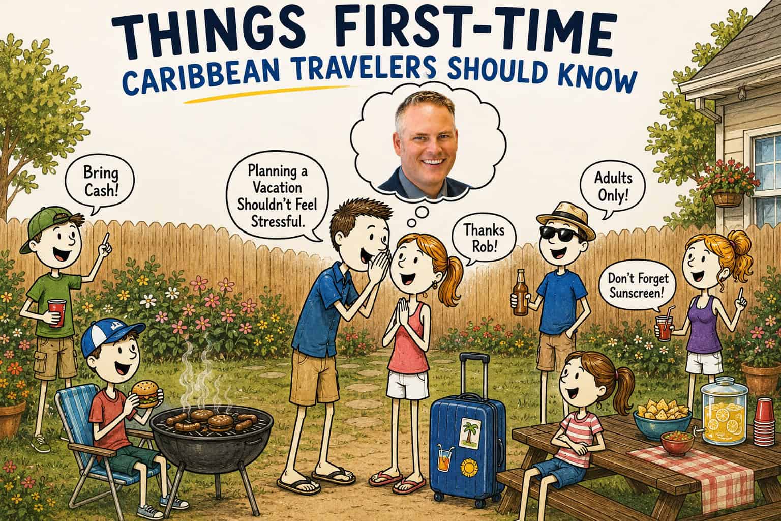 Illustrated backyard scene where travelers share Caribbean vacation advice and discuss things first-time Caribbean travelers should know.